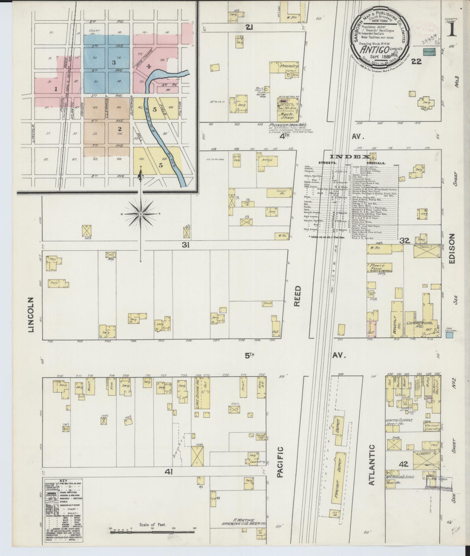 Sanborn Fire Insurance Map from Antigo, Langlade County, Wisconsin (1889), Sheet #0001 - Complete Map Set gallery image, historic Sanborn map, vintage wall art, Wisconsin Wisconsin