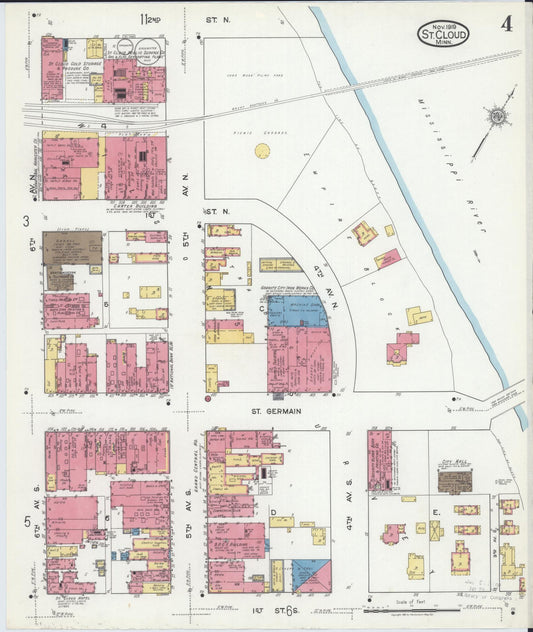 Sanborn Fire Insurance Map from Saint Cloud, Stearns, Benton, and Sherburne Counties, Minnesota (1919), Sheet #0004 - Historic Sanborn Fire Insurance Map Print, vintage old map wall art, antique decor, genealogy gift, Minnesota Minnesota map