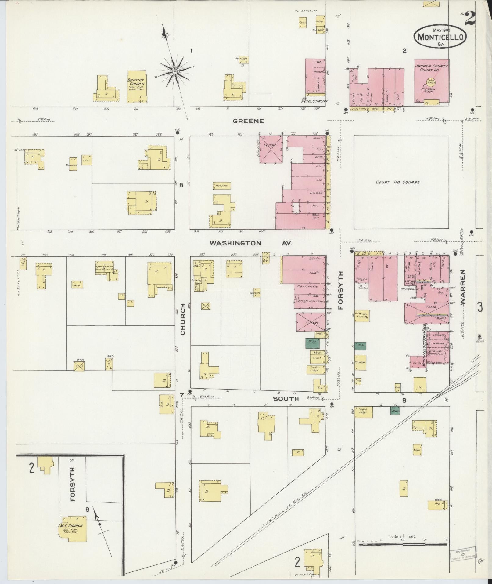 Sanborn Fire Insurance Map from Monticello, Jasper County, Georgia (1909), Sheet #0002 - Historic Sanborn Fire Insurance Map Print, vintage old map wall art, antique decor, genealogy gift, Georgia Georgia map