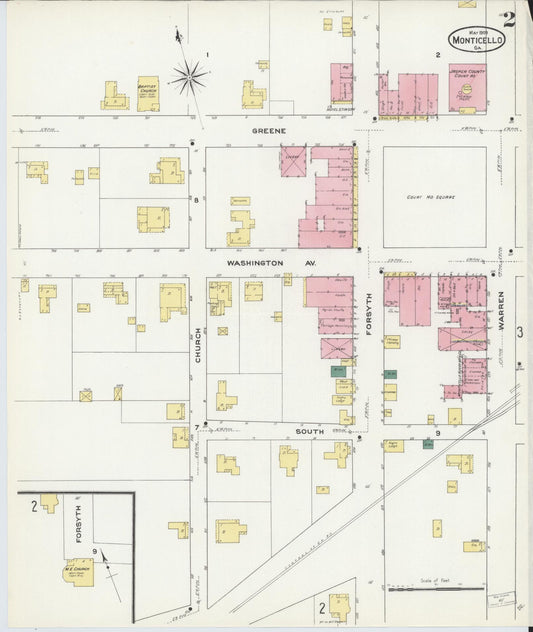 Sanborn Fire Insurance Map from Monticello, Jasper County, Georgia (1909), Sheet #0002 - Historic Sanborn Fire Insurance Map Print, vintage old map wall art, antique decor, genealogy gift, Georgia Georgia map
