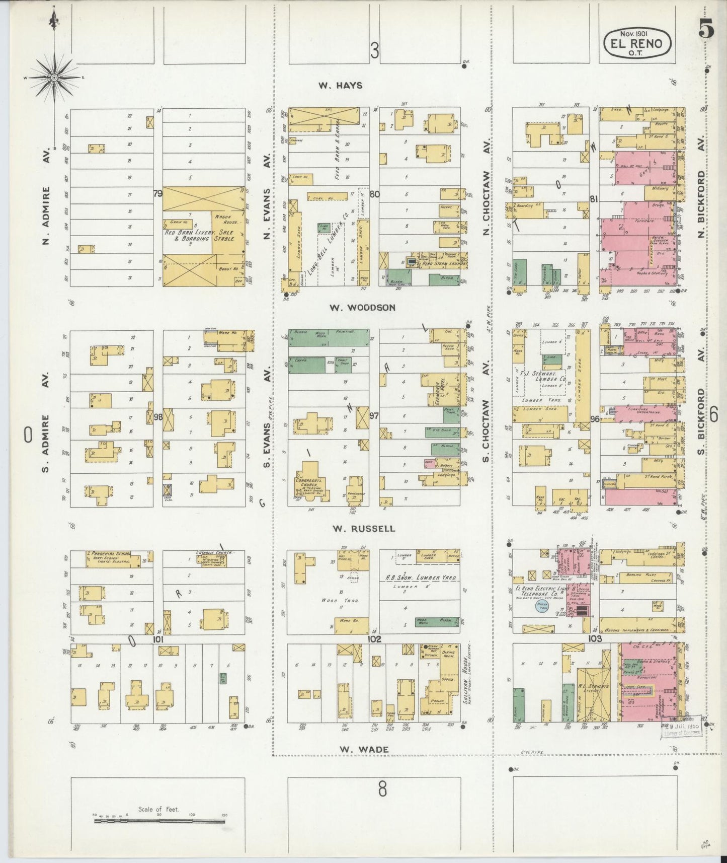 Sanborn Fire Insurance Map from El Reno, Canadian County, Oklahoma (1901), Sheet #0005 - Complete Map Set gallery image, historic Sanborn map, vintage wall art, Oklahoma Oklahoma