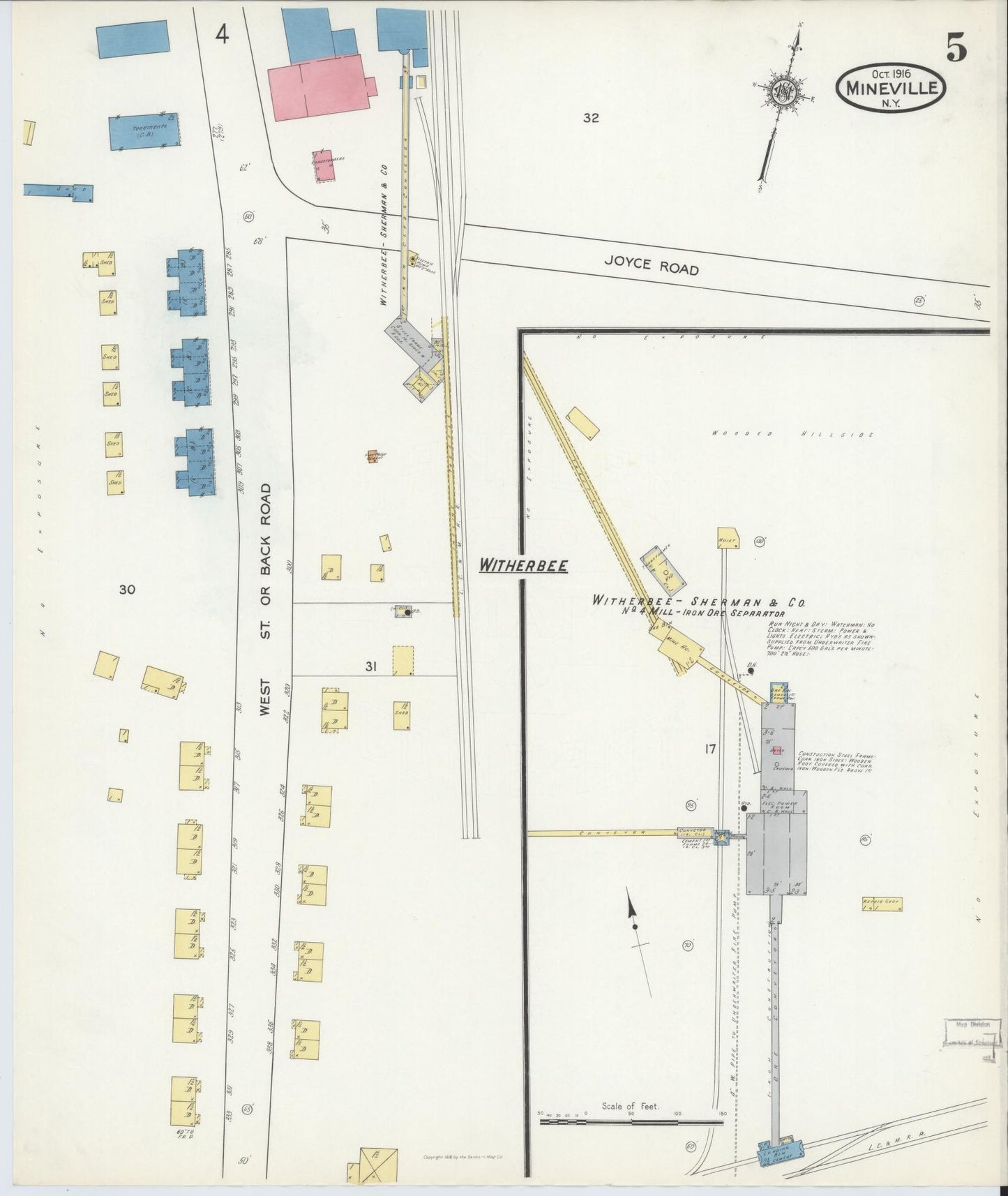 Sanborn Fire Insurance Map from Mineville, Essex County, New York (1916), Sheet #0005 - Historic Sanborn Fire Insurance Map Print, vintage old map wall art, antique decor, genealogy gift, New York New York map