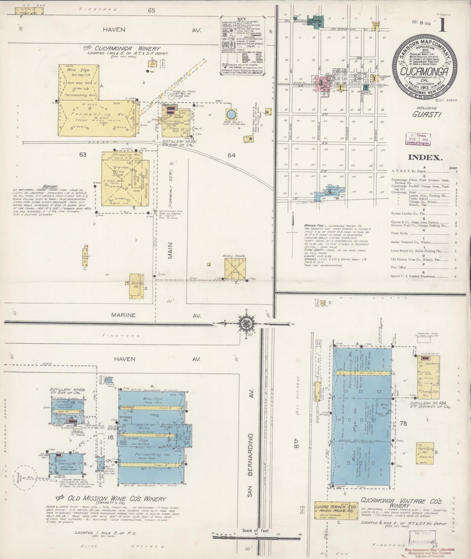 Sanborn Fire Insurance Map from Cucamonga, San Bernardino County, California (1913), Sheet #0001 - Complete Map Set gallery image, historic Sanborn map, vintage wall art, California California