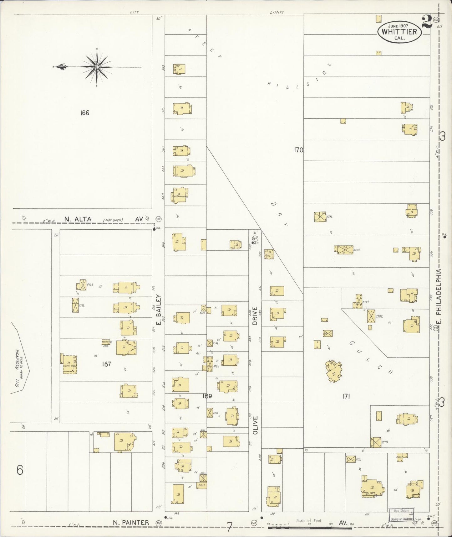 Sanborn Fire Insurance Map from Whittier, Los Angeles County, California (1907), Sheet #0002 - Complete Map Set gallery image, historic Sanborn map, vintage wall art, California California