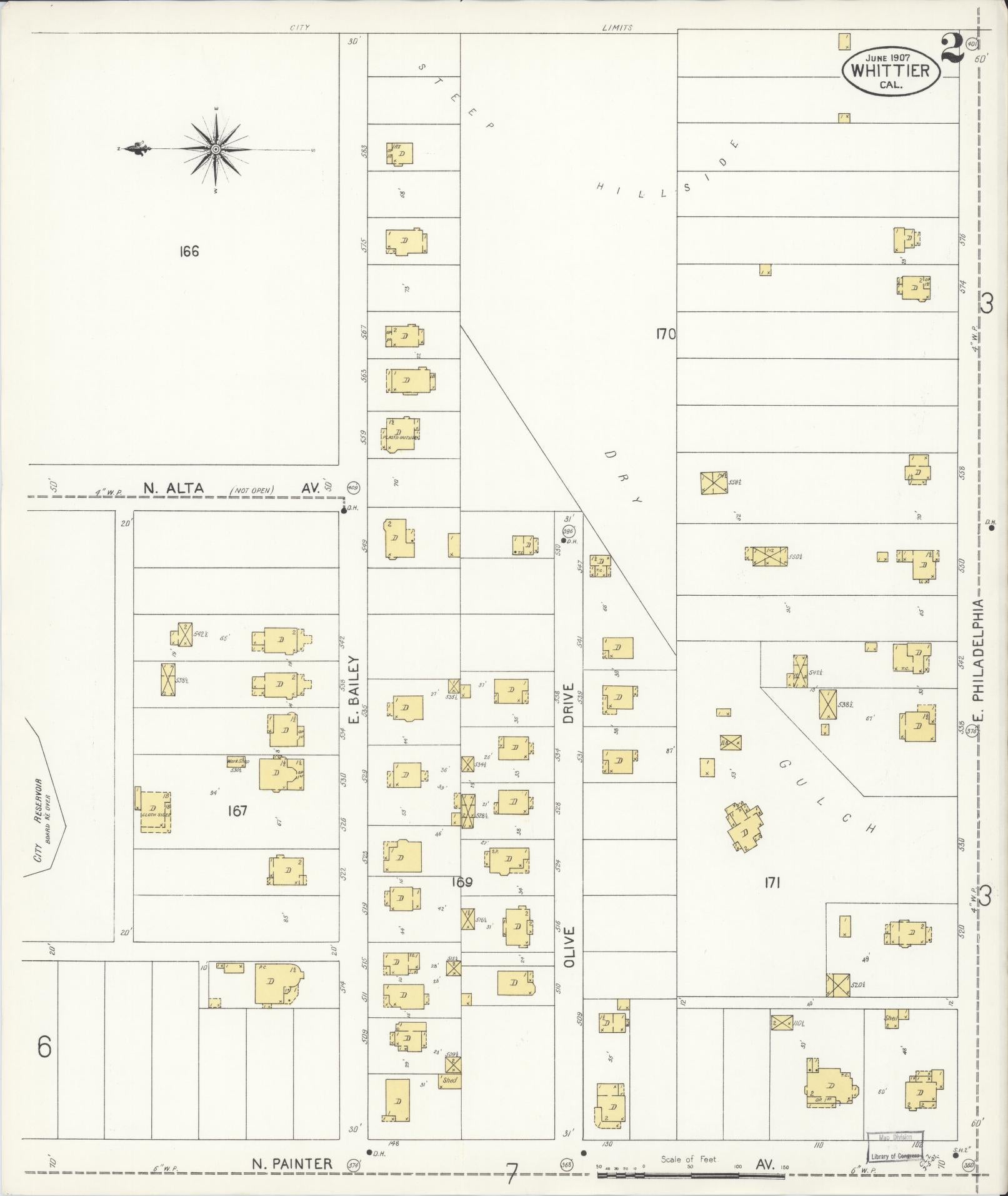Sanborn Fire Insurance Map from Whittier, Los Angeles County, California (1907), Sheet #0002 - Complete Map Set gallery image, historic Sanborn map, vintage wall art, California California