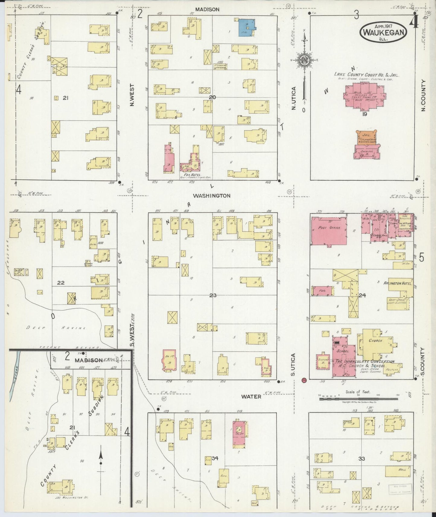 Sanborn Fire Insurance Map from Waukegan, Lake County, Illinois (1917), Sheet #0004 - Complete Map Set gallery image, historic Sanborn map, vintage wall art, Illinois Illinois