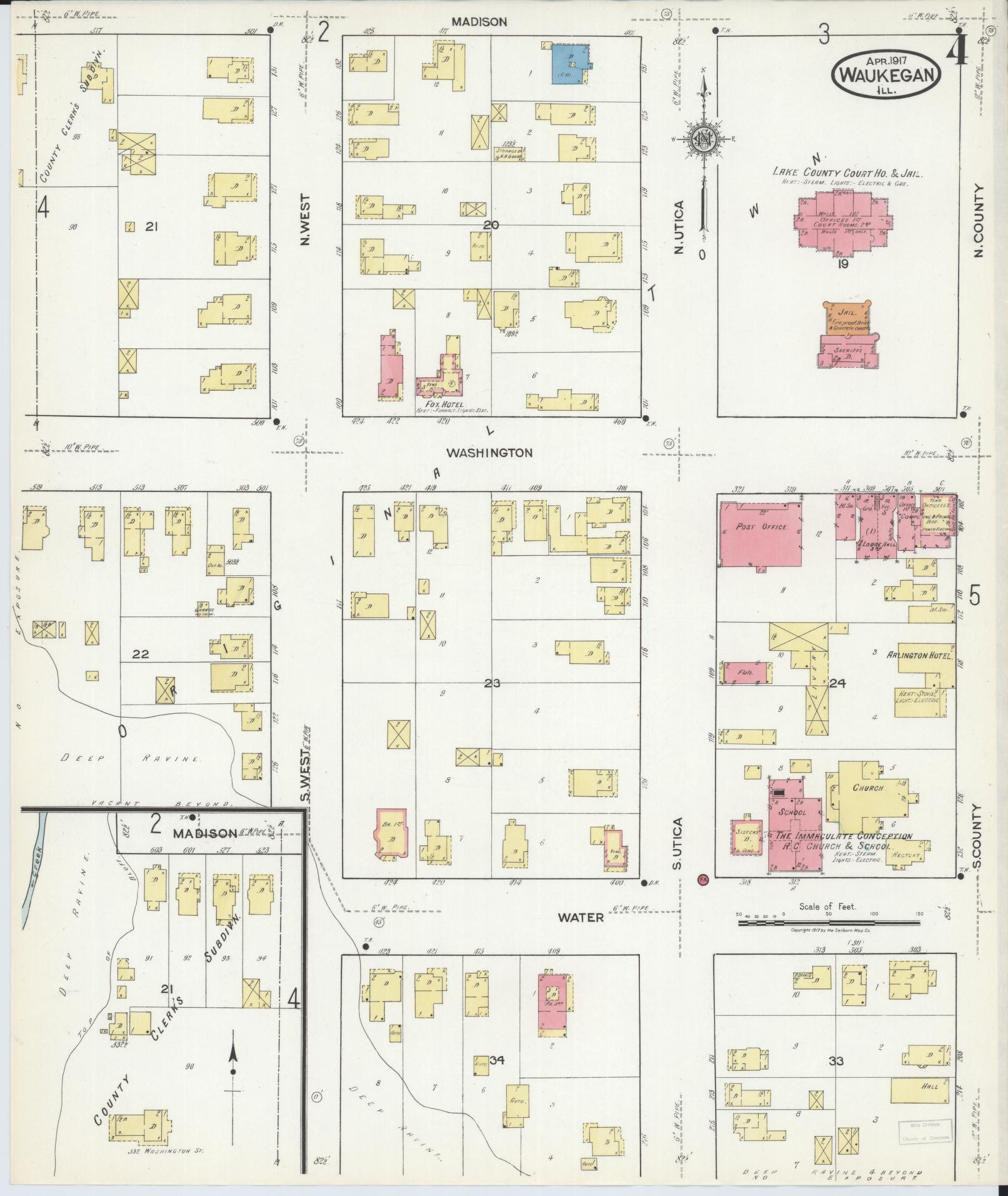 Sanborn Fire Insurance Map from Waukegan, Lake County, Illinois (1917), Sheet #0004 - Complete Map Set gallery image, historic Sanborn map, vintage wall art, Illinois Illinois