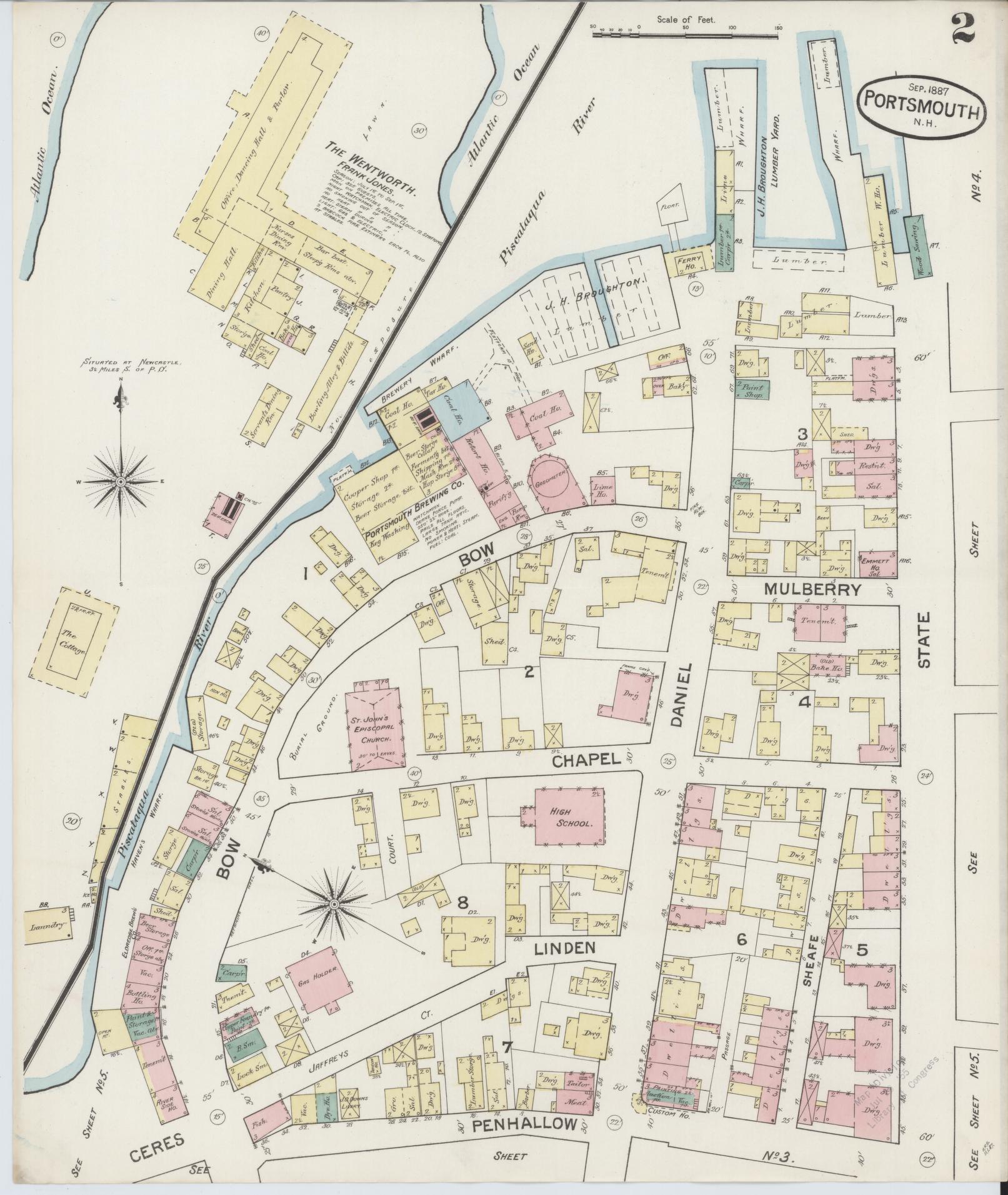 Sanborn Fire Insurance Map from Portsmouth, Rockingham County, New Hampshire (1887), Sheet #0002 - Historic Sanborn Fire Insurance Map Print, vintage old map wall art, antique decor, genealogy gift, New Hampshire New Hampshire map