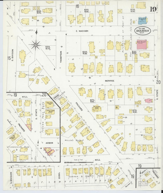 Sanborn Fire Insurance Map from Ann Arbor, Washtenaw County, Michigan (1908), Sheet #0019 - Historic Sanborn Fire Insurance Map Print, vintage old map wall art, antique decor, genealogy gift, Michigan Michigan map