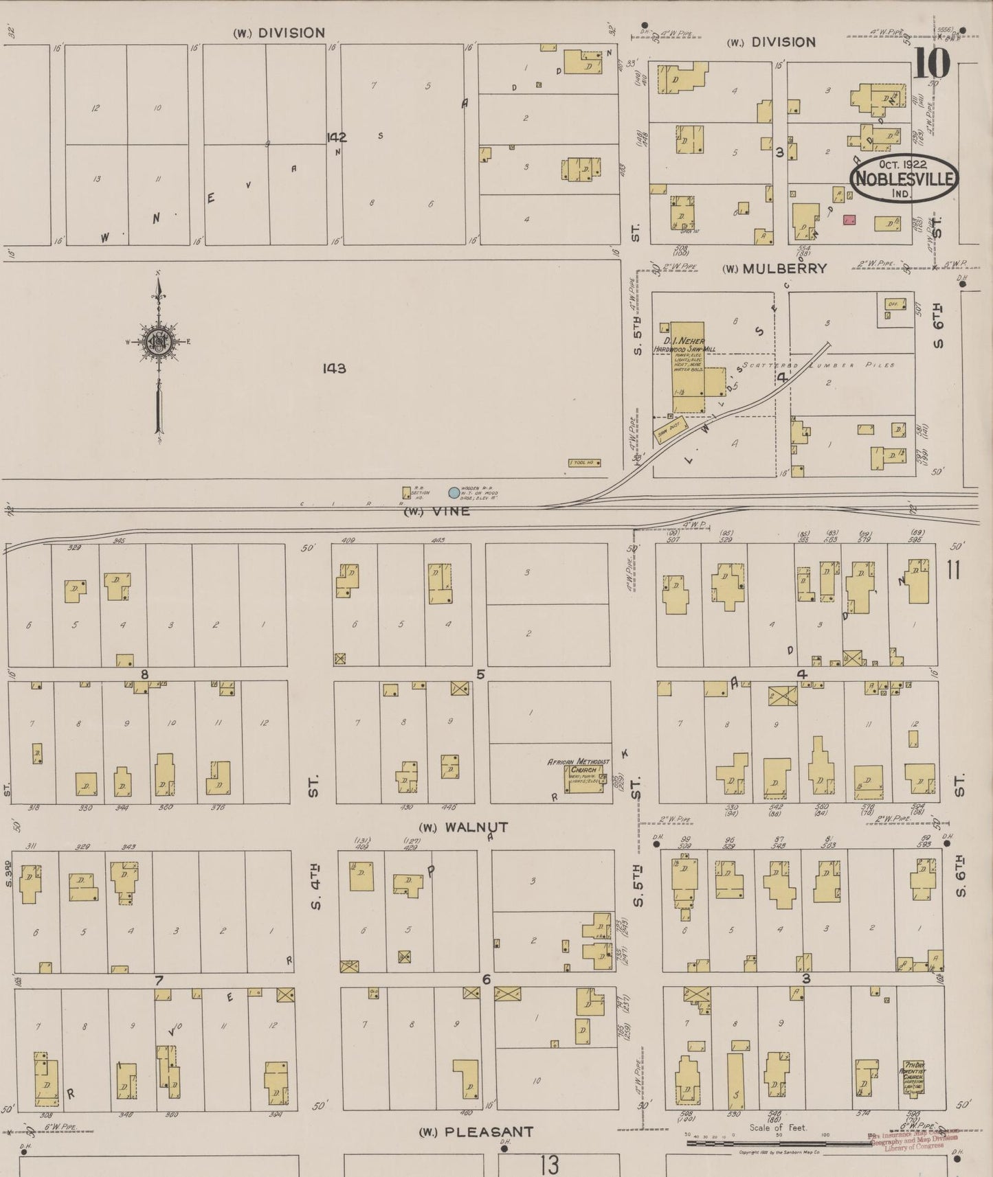 Sanborn Fire Insurance Map from Noblesville, Hamilton County, Indiana (1922), Sheet #0010 - Complete Map Set gallery image, historic Sanborn map, vintage wall art, Indiana Indiana
