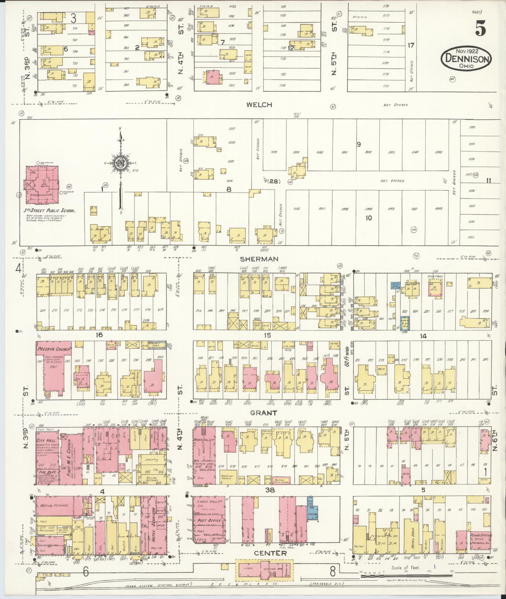 Sanborn Fire Insurance Map from Dennison, Tuscarawas County, Ohio (1921), Sheet #0005 - Historic Sanborn Fire Insurance Map Print, vintage old map wall art, antique decor, genealogy gift, Ohio Ohio map