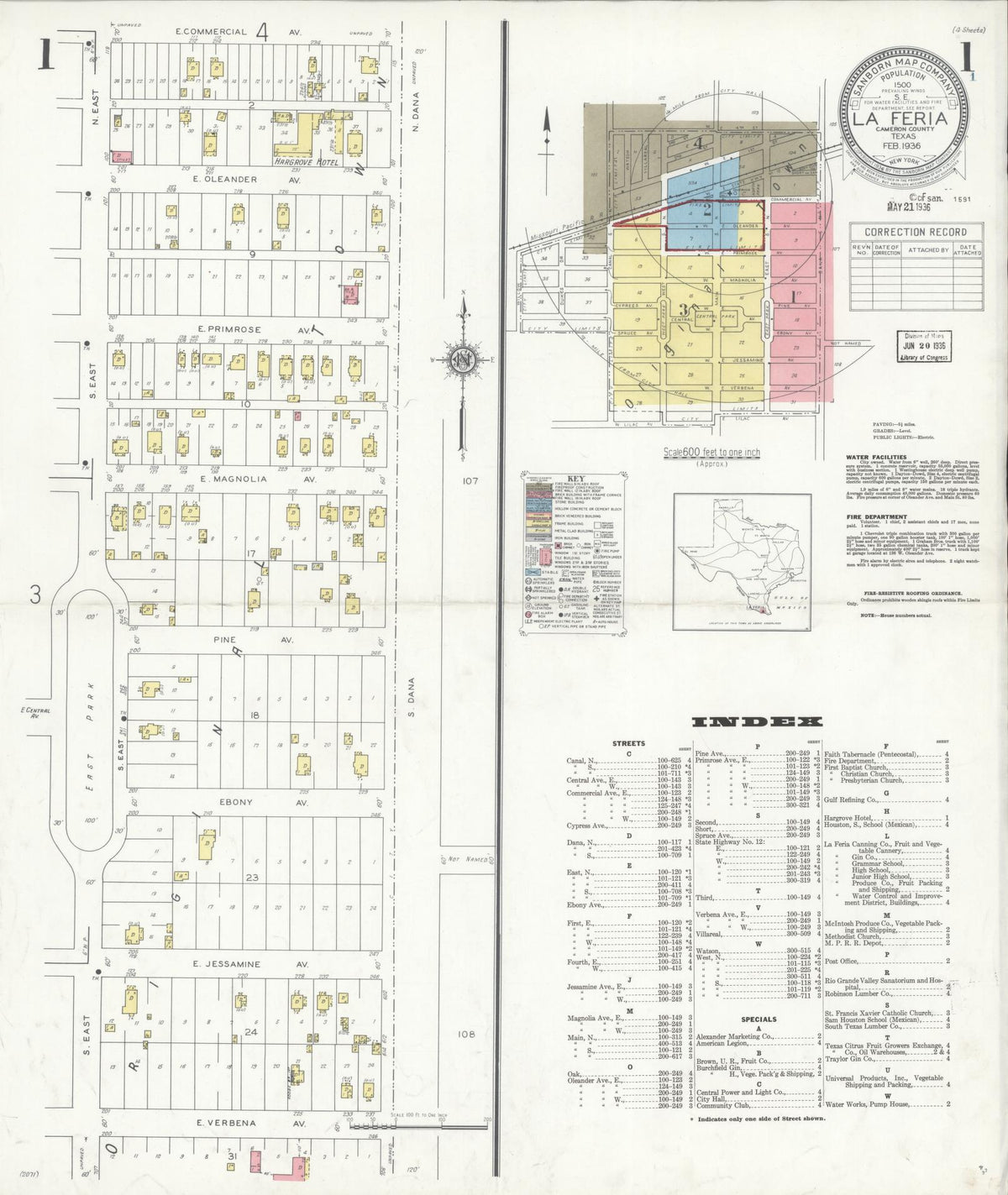 Sanborn Fire Insurance Map from La Feria, Cameron County, Texas (1936), Sheet #0001 - Historic Sanborn Fire Insurance Map Print, vintage old map wall art, antique decor, genealogy gift, Texas Texas map