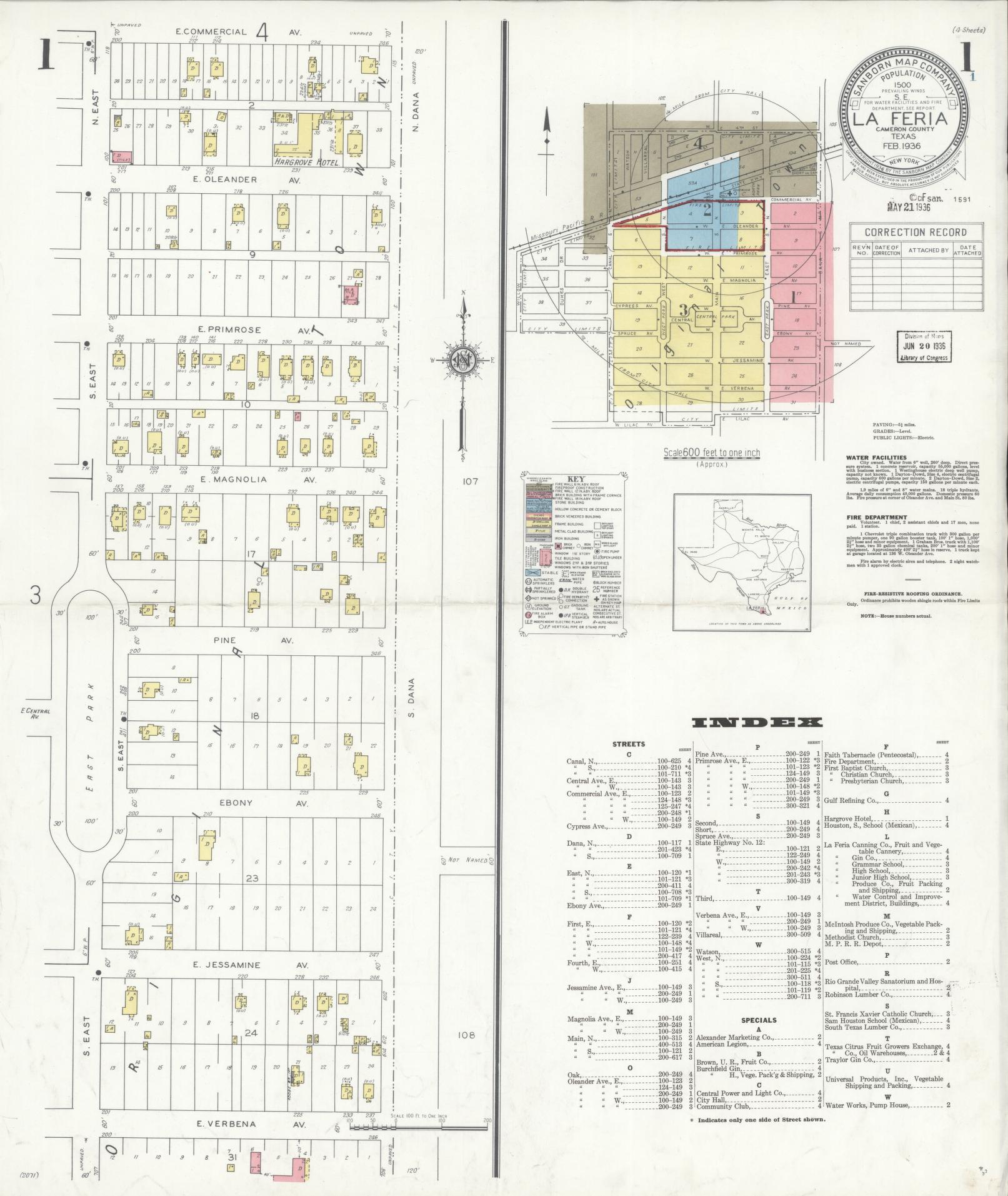 Sanborn Fire Insurance Map from La Feria, Cameron County, Texas (1936), Sheet #0001 - Historic Sanborn Fire Insurance Map Print, vintage old map wall art, antique decor, genealogy gift, Texas Texas map