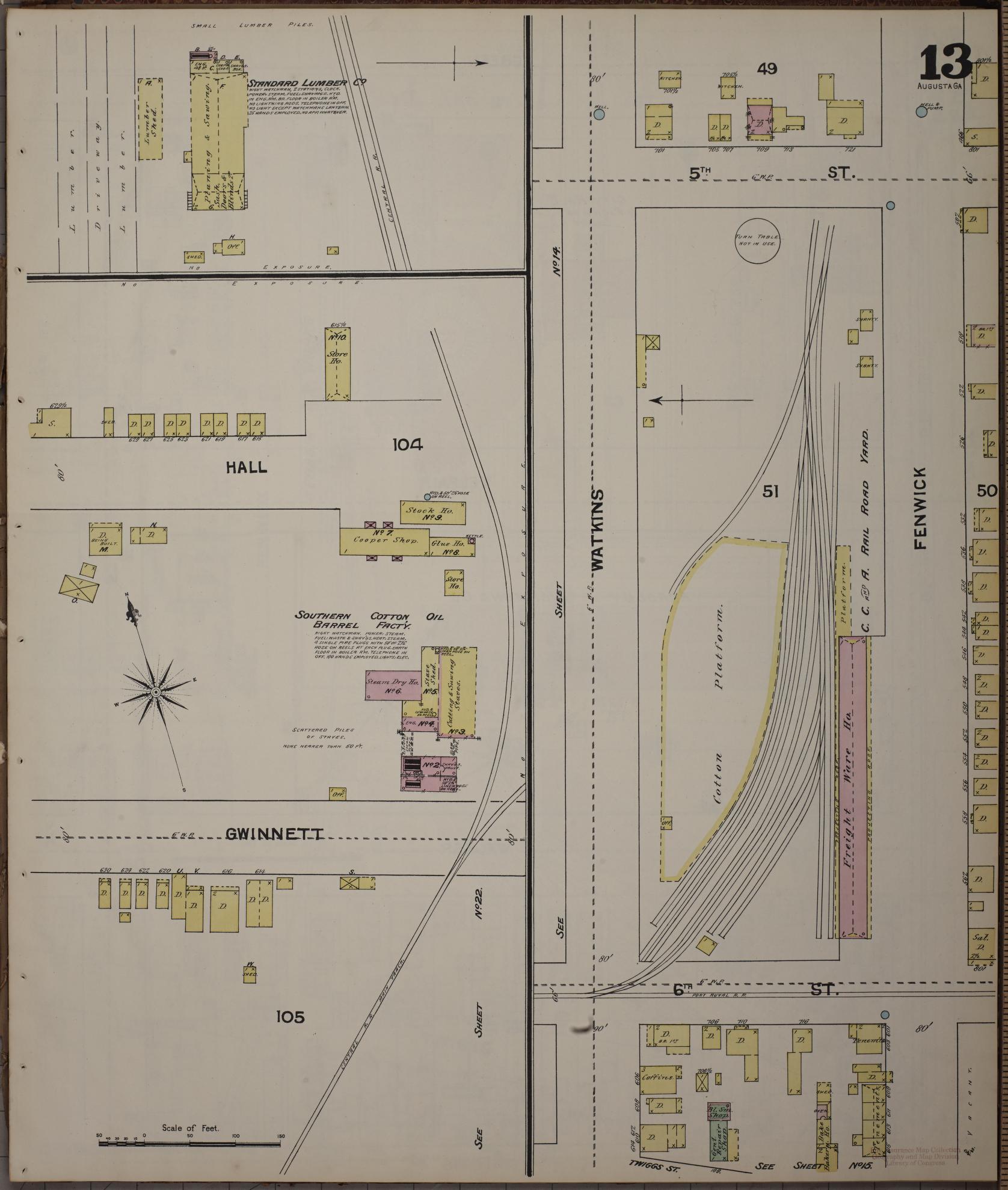 Sanborn Fire Insurance Map from Augusta, Richmond County, Georgia (1890), Sheet #0013 - Historic Sanborn Fire Insurance Map Print, vintage old map wall art, antique decor, genealogy gift, Georgia Georgia map