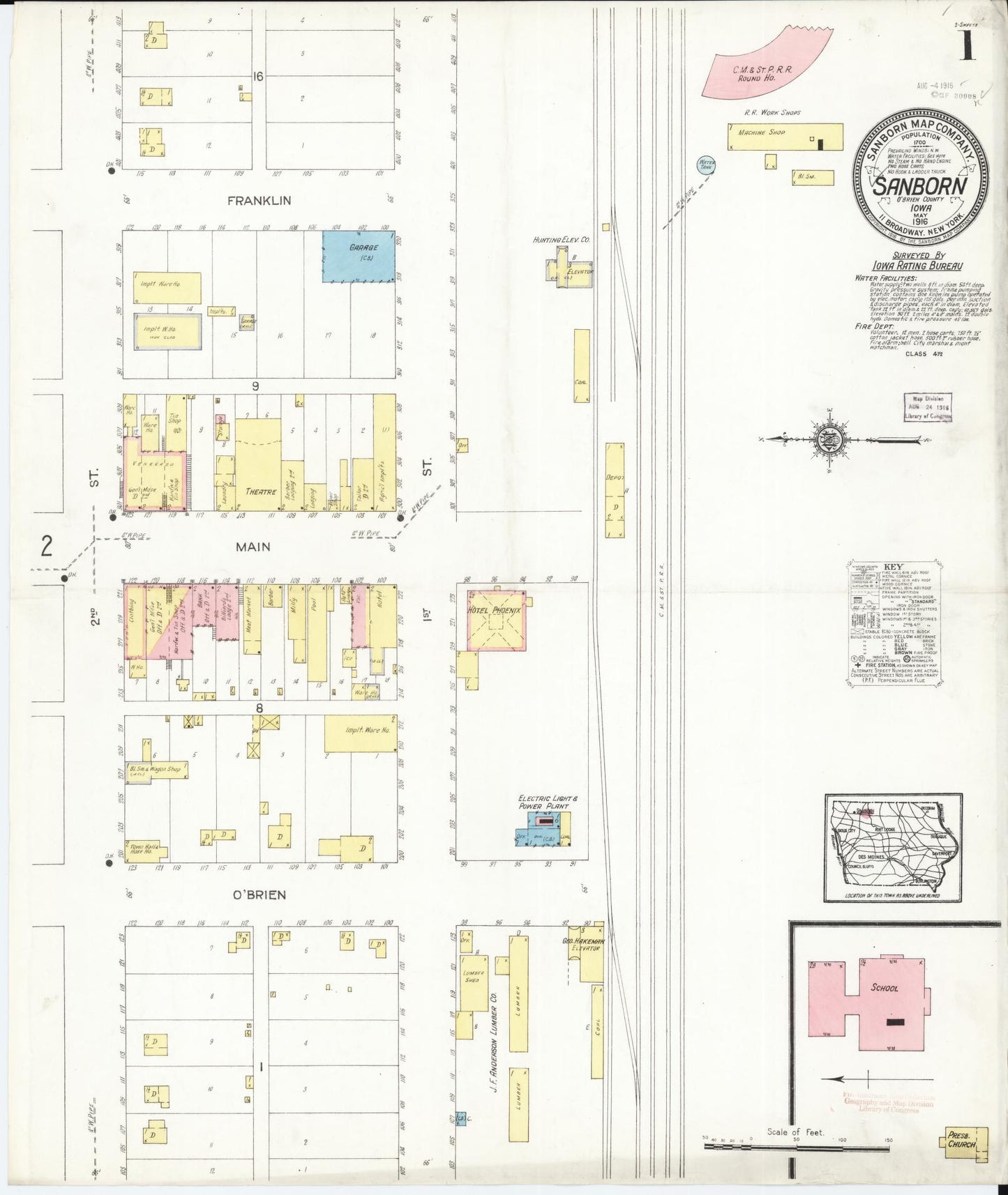Sanborn Fire Insurance Map from Sanborn, O'Brien County, Iowa (1916), Sheet #0001 - Historic Sanborn Fire Insurance Map Print