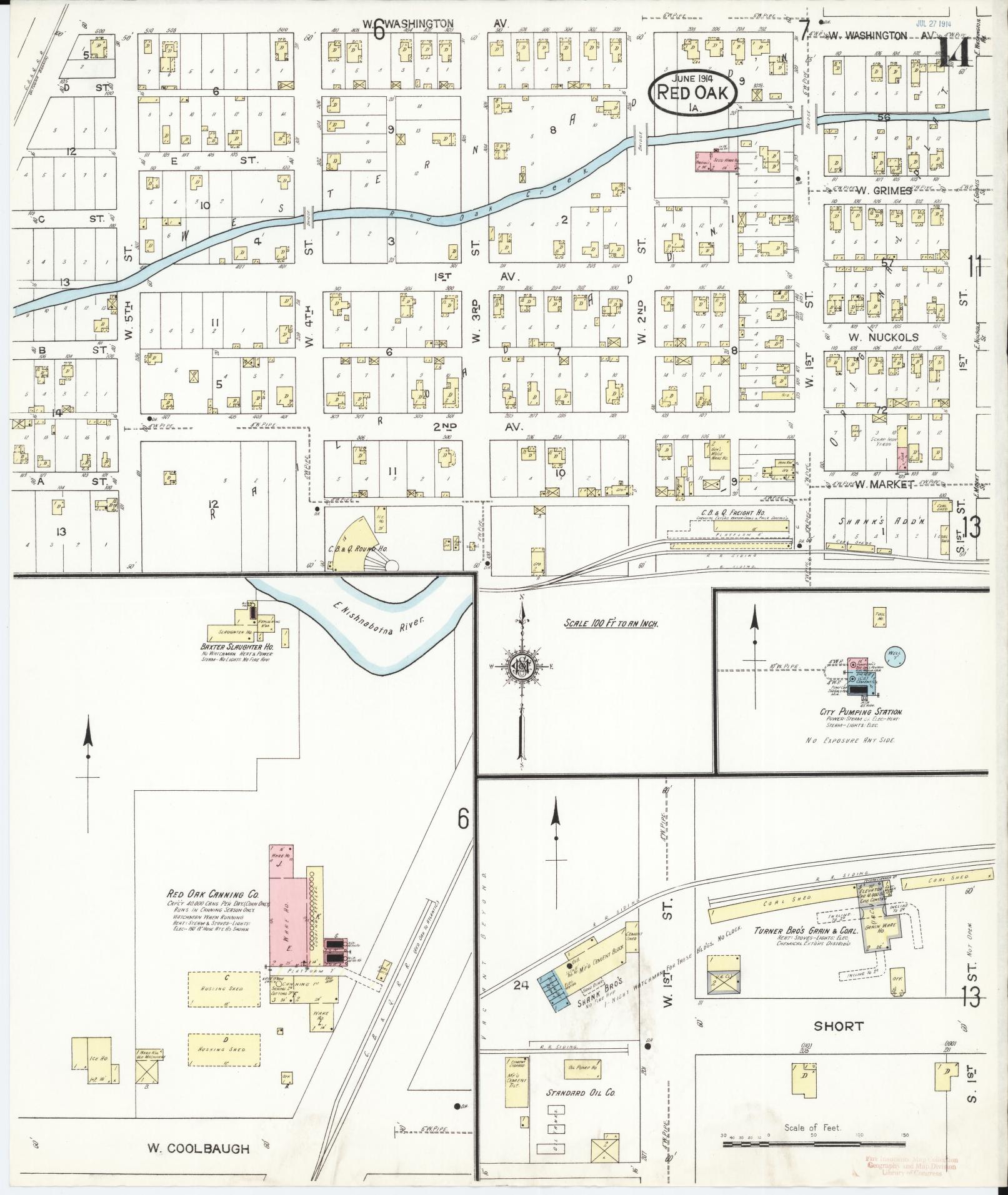Sanborn Fire Insurance Map from Red Oak, Montgomery County, Iowa (1914), Sheet #0014 - Historic Sanborn Fire Insurance Map Print, vintage old map wall art