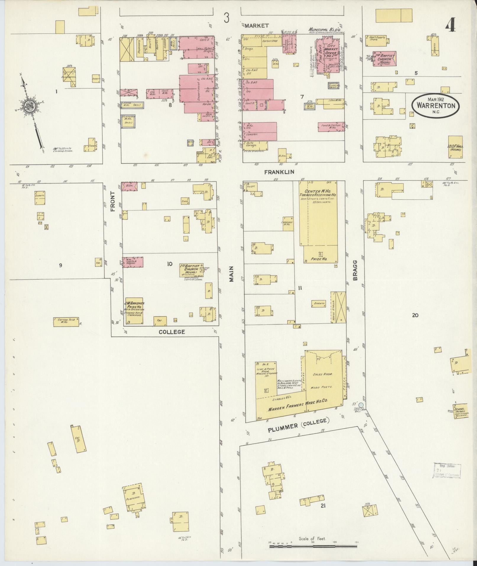 Sanborn Fire Insurance Map from Warrenton, Warren County, North Carolina (1912), Sheet #0004 - Historic Sanborn Fire Insurance Map Print, vintage old map wall art, antique decor, genealogy gift, North Carolina North Carolina map