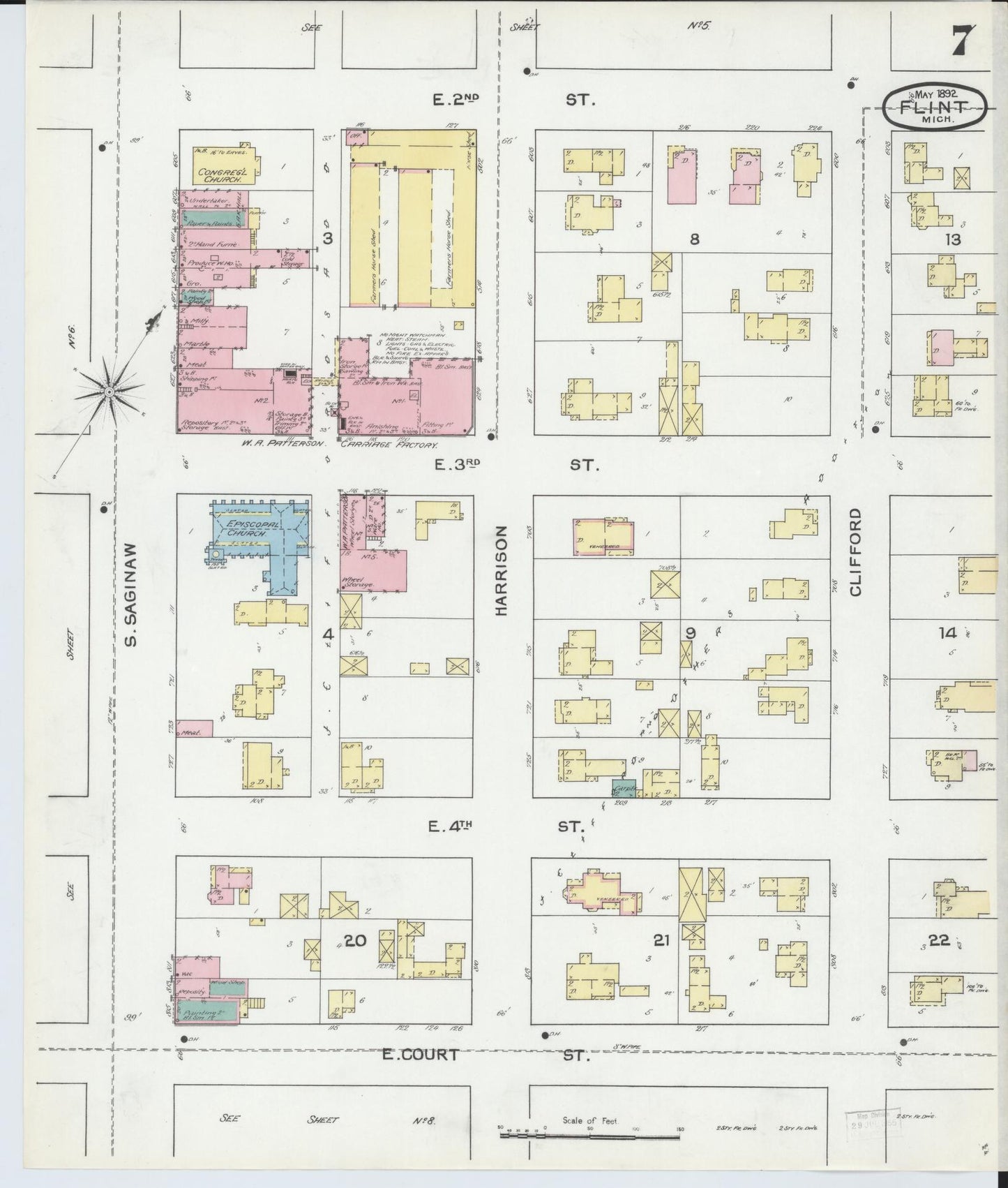 Sanborn Fire Insurance Map from Flint, Genesee County, Michigan (1892), Sheet #0007 - Complete Map Set gallery image, historic Sanborn map, vintage wall art, Michigan Michigan