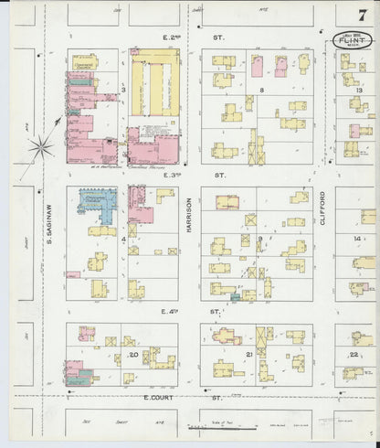 Sanborn Fire Insurance Map from Flint, Genesee County, Michigan (1892), Sheet #0007 - Complete Map Set gallery image, historic Sanborn map, vintage wall art, Michigan Michigan
