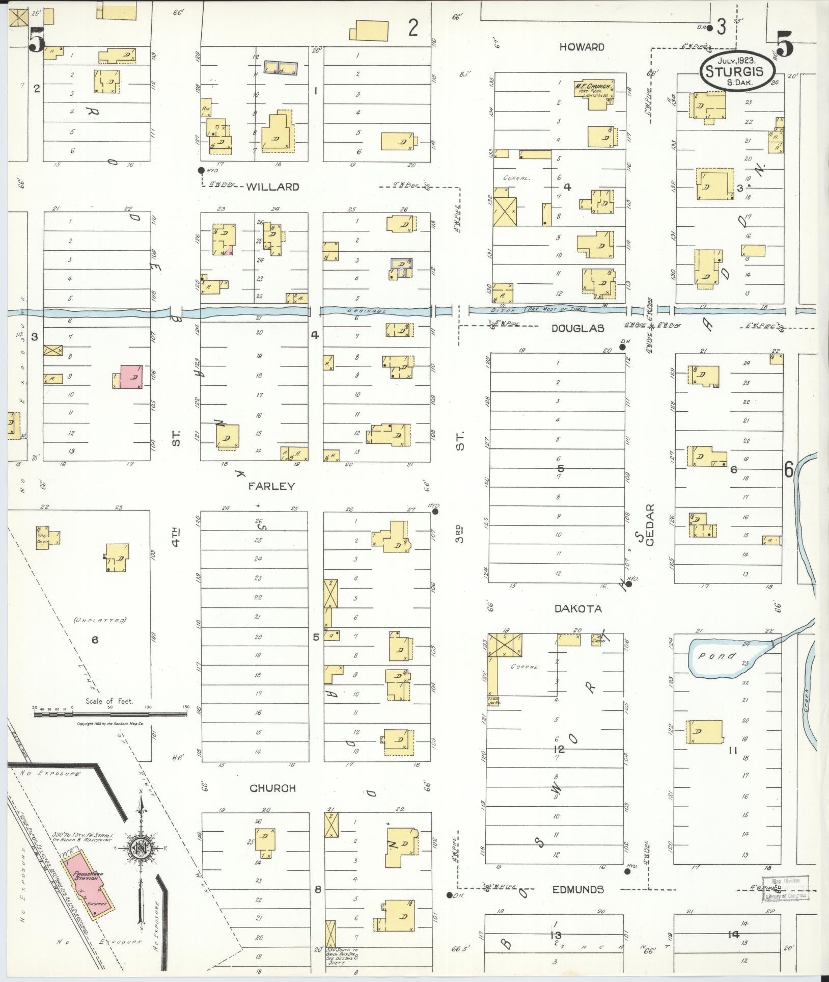 Sanborn Fire Insurance Map from Sturgis, Meade County, South Dakota (1923), Sheet #0005 - Historic Sanborn Fire Insurance Map Print, vintage old map wall art, antique decor, genealogy gift, South Dakota South Dakota map