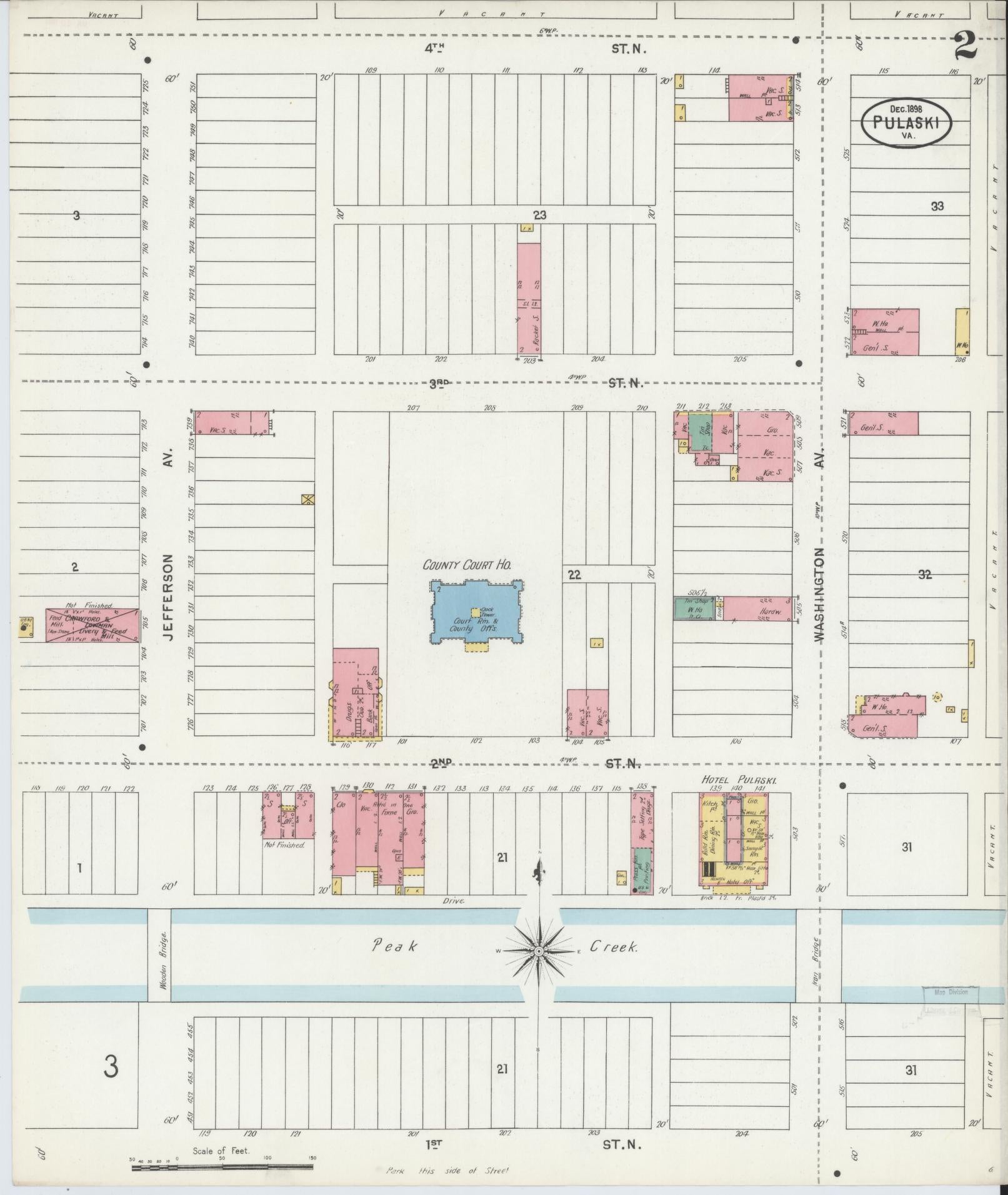 Sanborn Fire Insurance Map from Pulaski, Pulaski County, Virginia (1898), Sheet #0002 - Historic Sanborn Fire Insurance Map Print, vintage old map wall art, antique decor, genealogy gift, Virginia Virginia map