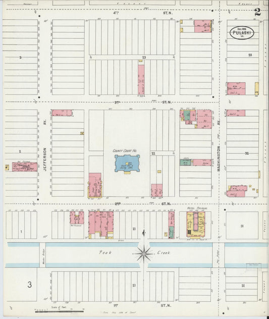 Sanborn Fire Insurance Map from Pulaski, Pulaski County, Virginia (1898), Sheet #0002 - Historic Sanborn Fire Insurance Map Print, vintage old map wall art, antique decor, genealogy gift, Virginia Virginia map