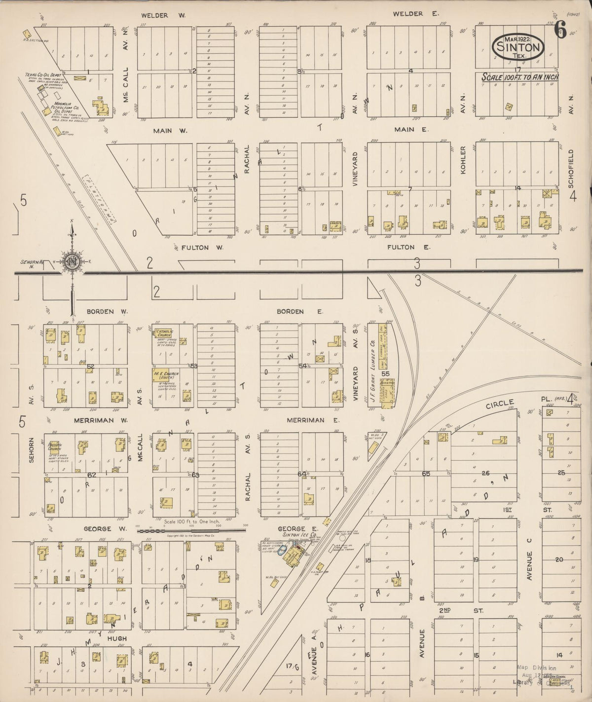 Sanborn Fire Insurance Map from Sinton, San Patricio County, Texas (1922), Sheet #0006 - Historic Sanborn Fire Insurance Map Print, vintage old map wall art, antique decor, genealogy gift, Texas Texas map