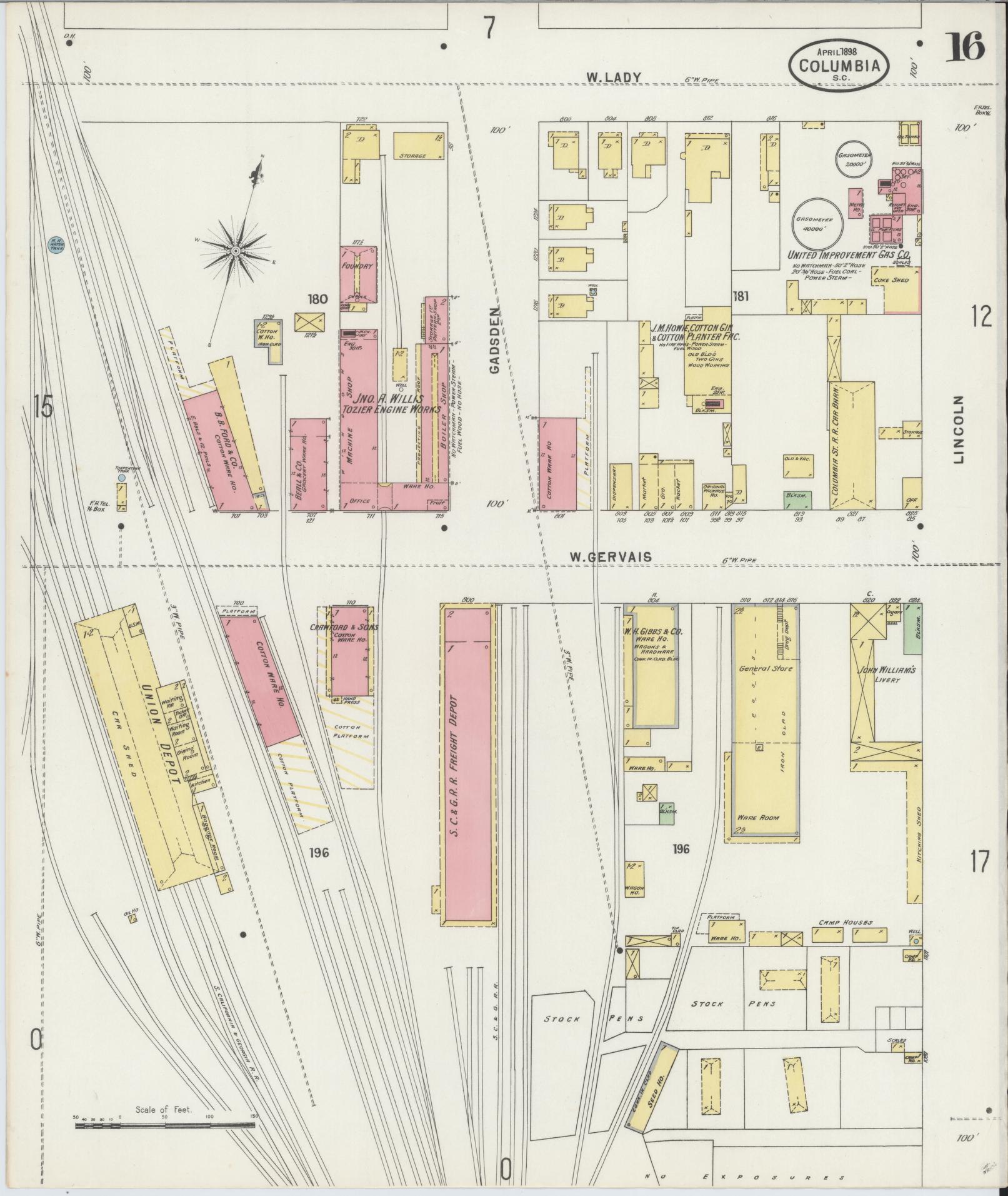 Sanborn Fire Insurance Map from Columbia, Richland County, South Carolina (1898), Sheet #0016 - Historic Sanborn Fire Insurance Map Print, vintage old map wall art, antique decor, genealogy gift, South Carolina South Carolina map