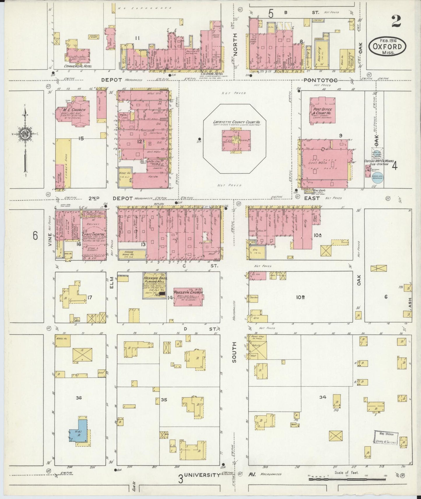 Sanborn Fire Insurance Map from Oxford, Lafayette County, Mississippi (1916), Sheet #0002 - Historic Sanborn Fire Insurance Map Print, vintage old map wall art, antique decor, genealogy gift, Mississippi Mississippi map