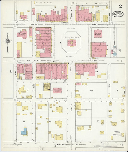 Sanborn Fire Insurance Map from Oxford, Lafayette County, Mississippi (1916), Sheet #0002 - Historic Sanborn Fire Insurance Map Print, vintage old map wall art, antique decor, genealogy gift, Mississippi Mississippi map