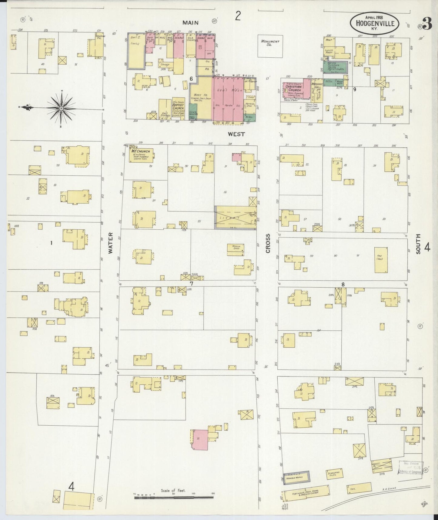 Sanborn Fire Insurance Map from Hodgenville, Larue County, Kentucky (1908), Sheet #0003 - Complete Map Set gallery image, historic Sanborn map, vintage wall art, Kentucky Kentucky