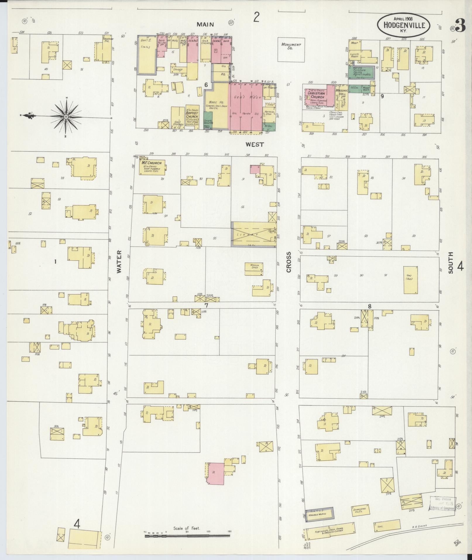Sanborn Fire Insurance Map from Hodgenville, Larue County, Kentucky (1908), Sheet #0003 - Complete Map Set gallery image, historic Sanborn map, vintage wall art, Kentucky Kentucky