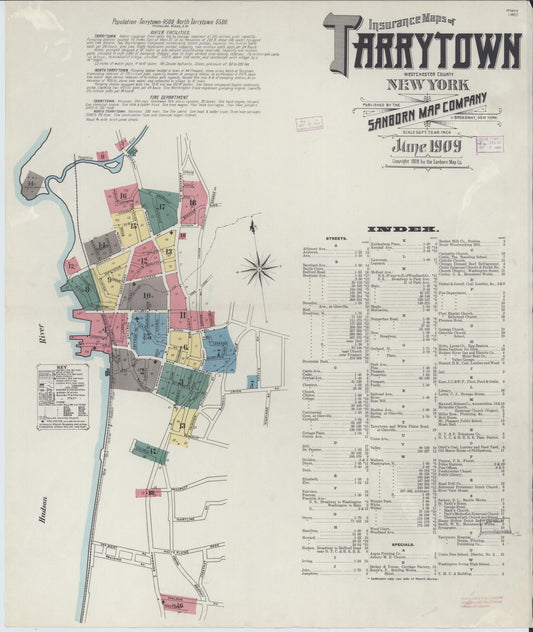 Sanborn Fire Insurance Map from Tarrytown, Westchester County, New York (1909), Sheet #0001 - Historic Sanborn Fire Insurance Map Print, vintage old map wall art, antique decor, genealogy gift, New York New York map