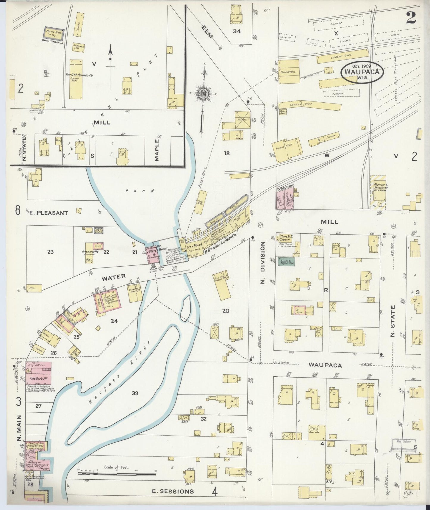 Sanborn Fire Insurance Map from Waupaca, Waupaca County, Wisconsin (1909), Sheet #0002 - Complete Map Set gallery image, historic Sanborn map, vintage wall art, Wisconsin Wisconsin