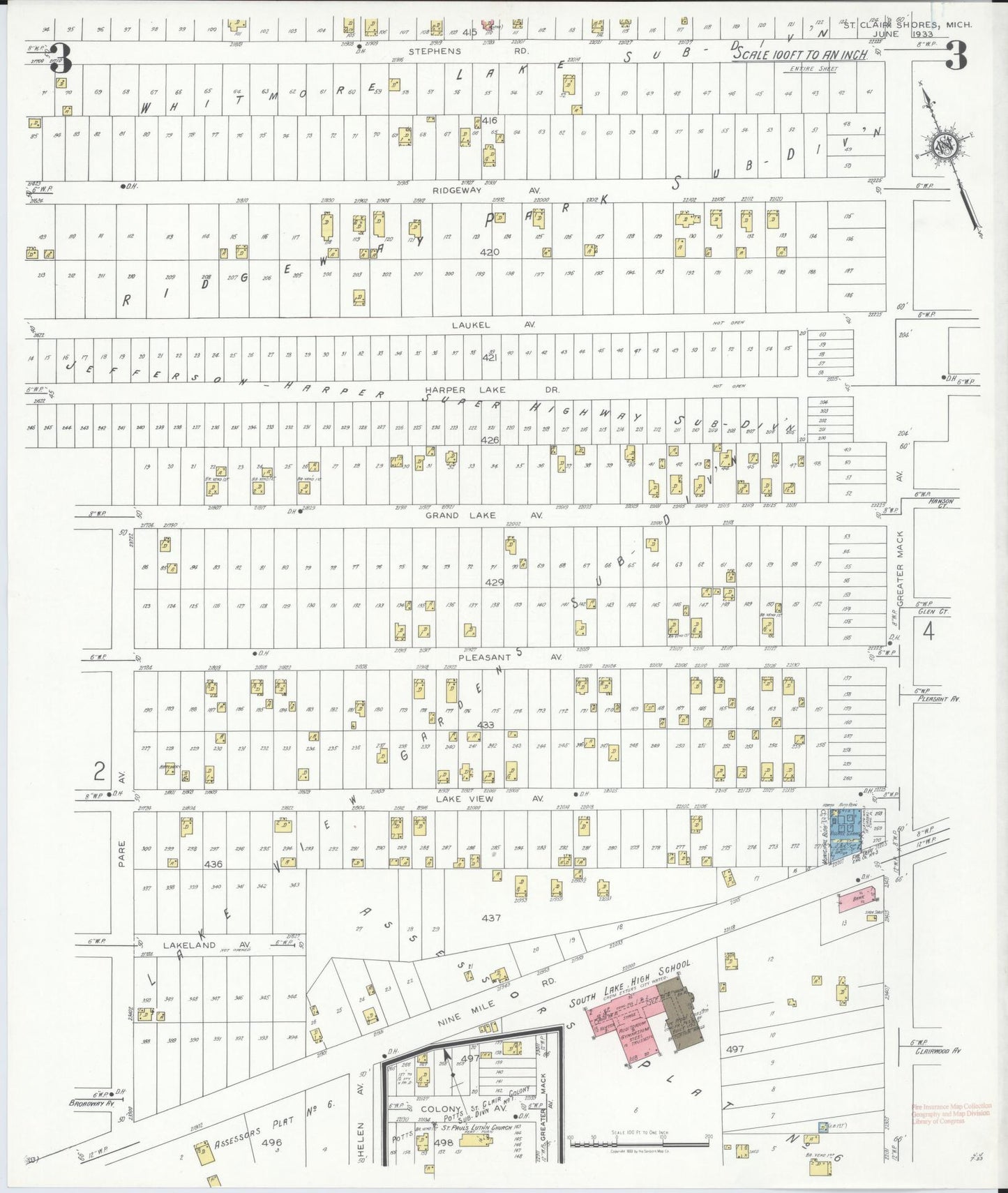 Sanborn Fire Insurance Map from Saint Clair Shores, Macomb County, Michigan (1933), Sheet #0003 - Historic Sanborn Fire Insurance Map Print, vintage old map wall art, antique decor, genealogy gift, Michigan Michigan map