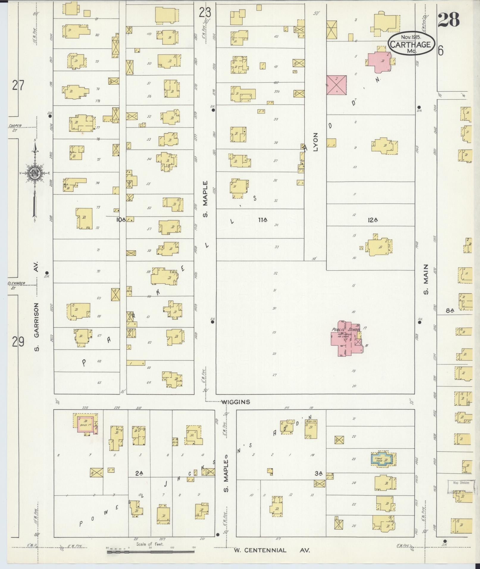 Sanborn Fire Insurance Map from Carthage, Jasper County, Missouri (1915), Sheet #0028 - Complete Map Set gallery image, historic Sanborn map, vintage wall art, Missouri Missouri