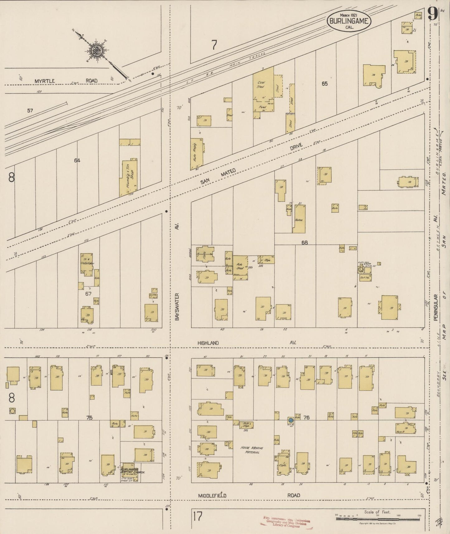 Sanborn Fire Insurance Map from Burlingame, San Mateo County, California (1921), Sheet #0009 - Historic Sanborn Fire Insurance Map Print, vintage old map wall art, antique decor, genealogy gift, California California map