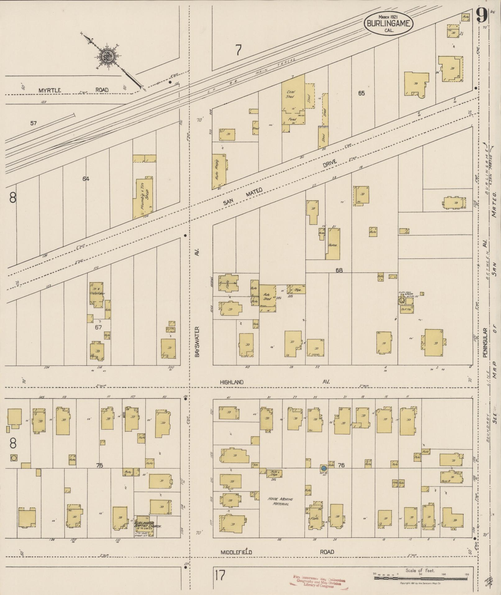 Sanborn Fire Insurance Map from Burlingame, San Mateo County, California (1921), Sheet #0009 - Historic Sanborn Fire Insurance Map Print, vintage old map wall art, antique decor, genealogy gift, California California map