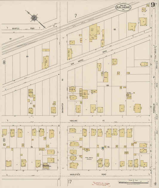 Sanborn Fire Insurance Map from Burlingame, San Mateo County, California (1921), Sheet #0009 - Historic Sanborn Fire Insurance Map Print, vintage old map wall art, antique decor, genealogy gift, California California map