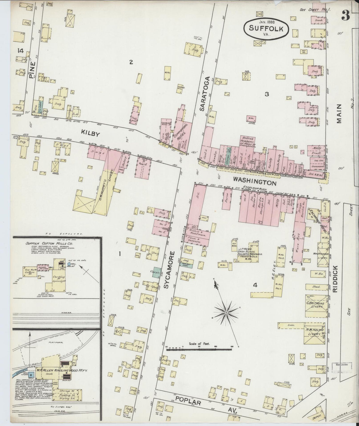 Sanborn Fire Insurance Map from Suffolk, Independent Cities, Virginia (1888), Sheet #0003 - Historic Sanborn Fire Insurance Map Print, vintage old map wall art, antique decor, genealogy gift, Virginia Virginia map
