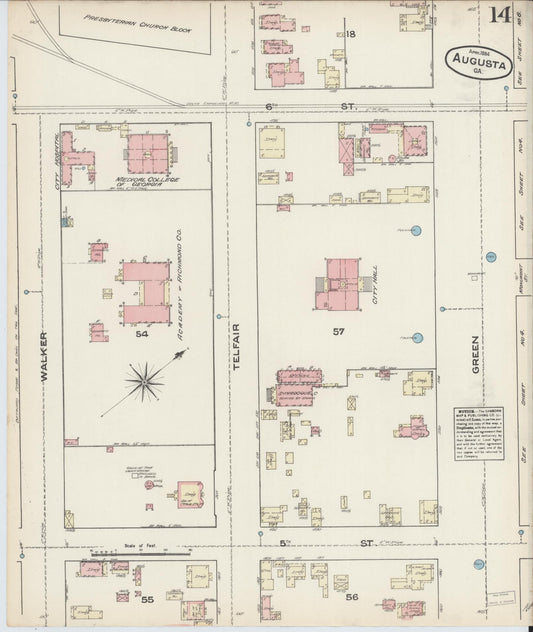 Sanborn Fire Insurance Map from Augusta, Richmond County, Georgia (1884), Sheet #0014 - Historic Sanborn Fire Insurance Map Print, vintage old map wall art, antique decor, genealogy gift, Georgia Georgia map