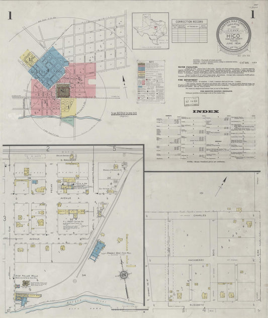 Sanborn Fire Insurance Map from Hico, Hamilton County, Texas (1934), Sheet #0001 - Historic Sanborn Fire Insurance Map Print, vintage old map wall art, antique decor, genealogy gift, Texas Texas map