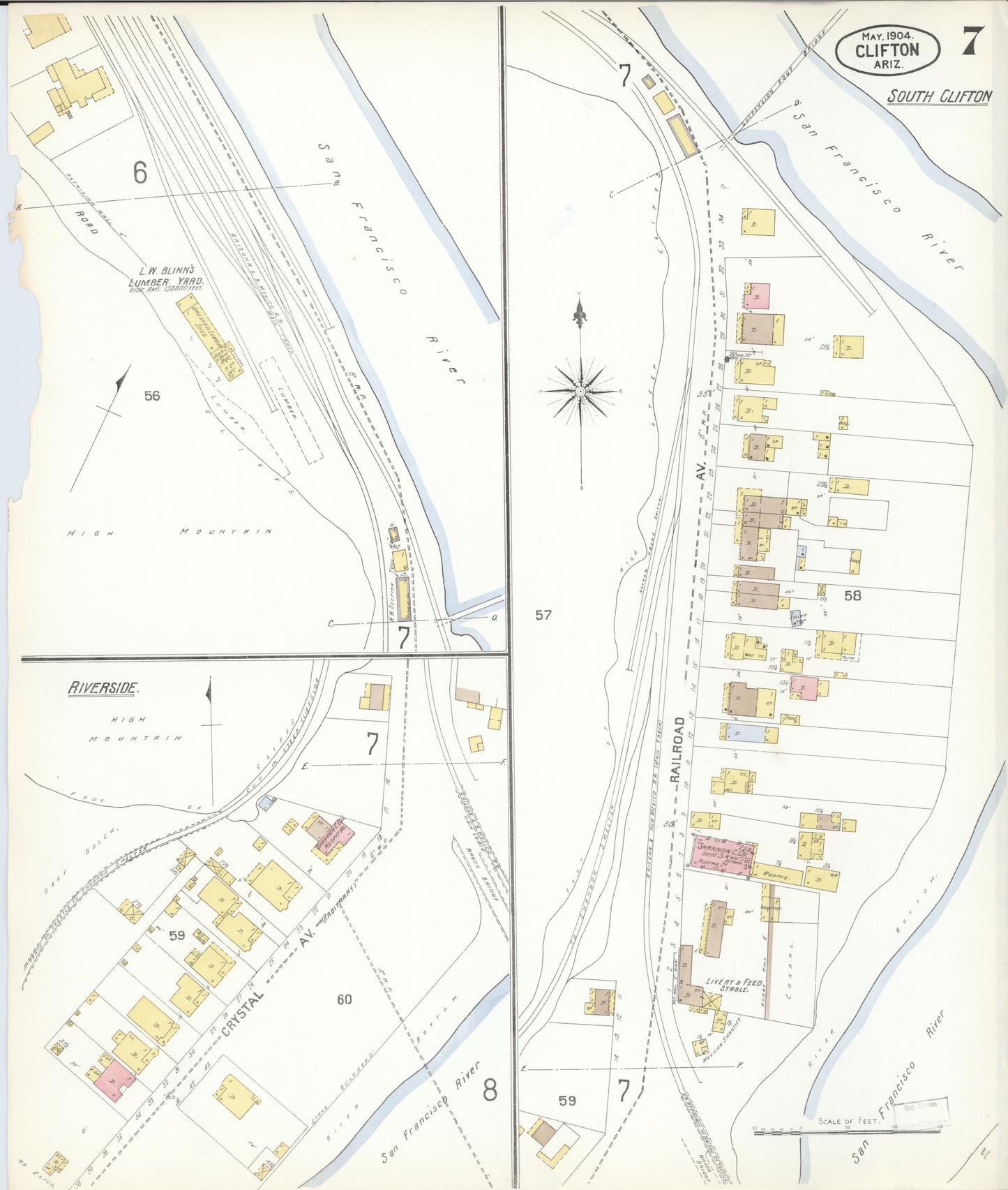 Sanborn Fire Insurance Map from Clifton, Greenlee County, Arizona (1904), Sheet #0007 - Historic Sanborn Fire Insurance Map Print, vintage old map wall art, antique decor, genealogy gift, Arizona Arizona map