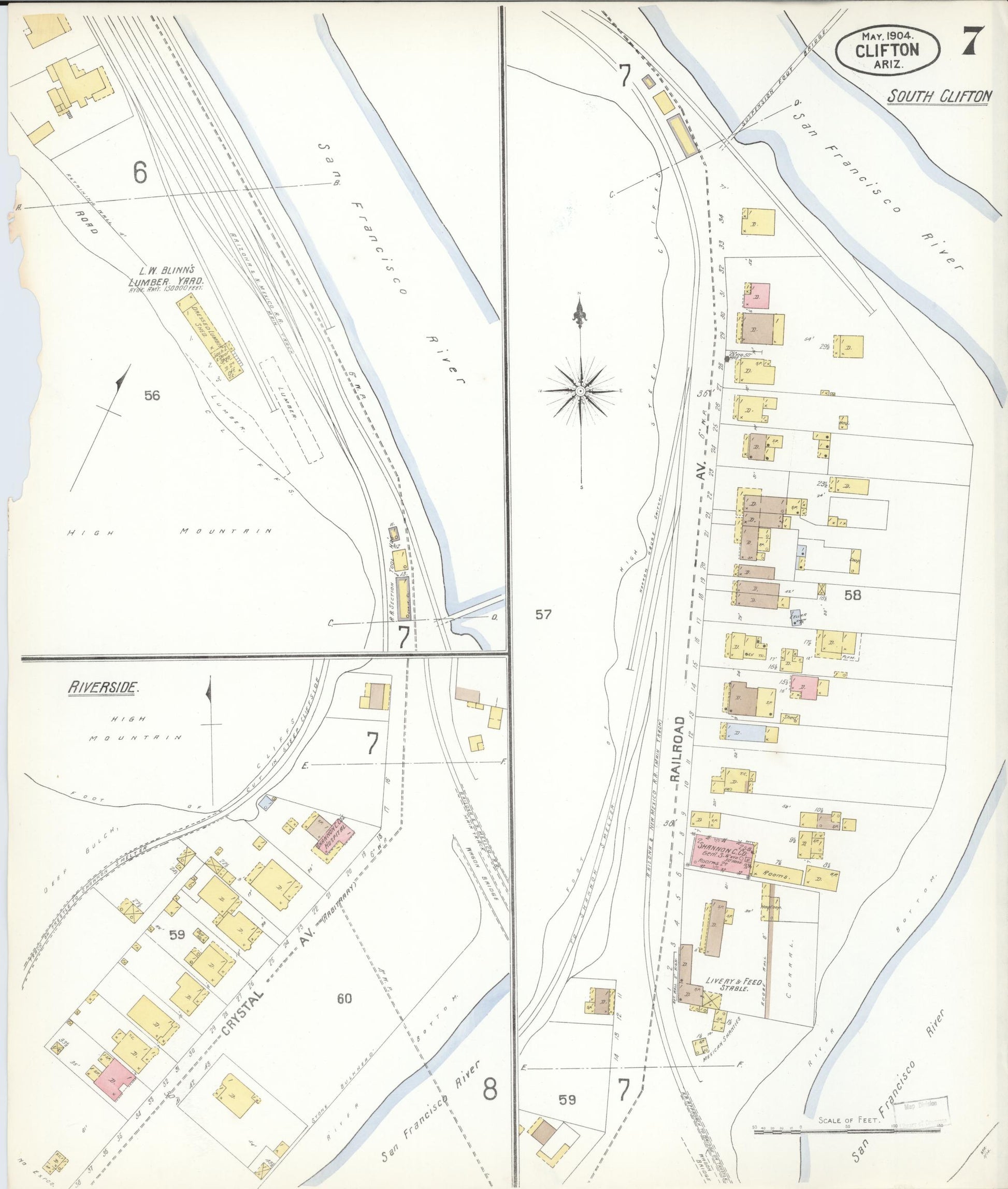 Sanborn Fire Insurance Map from Clifton, Greenlee County, Arizona (1904), Sheet #0007 - Historic Sanborn Fire Insurance Map Print, vintage old map wall art, antique decor, genealogy gift, Arizona Arizona map