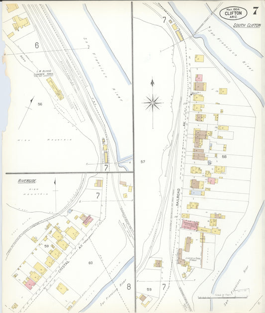 Sanborn Fire Insurance Map from Clifton, Greenlee County, Arizona (1904), Sheet #0007 - Historic Sanborn Fire Insurance Map Print, vintage old map wall art, antique decor, genealogy gift, Arizona Arizona map