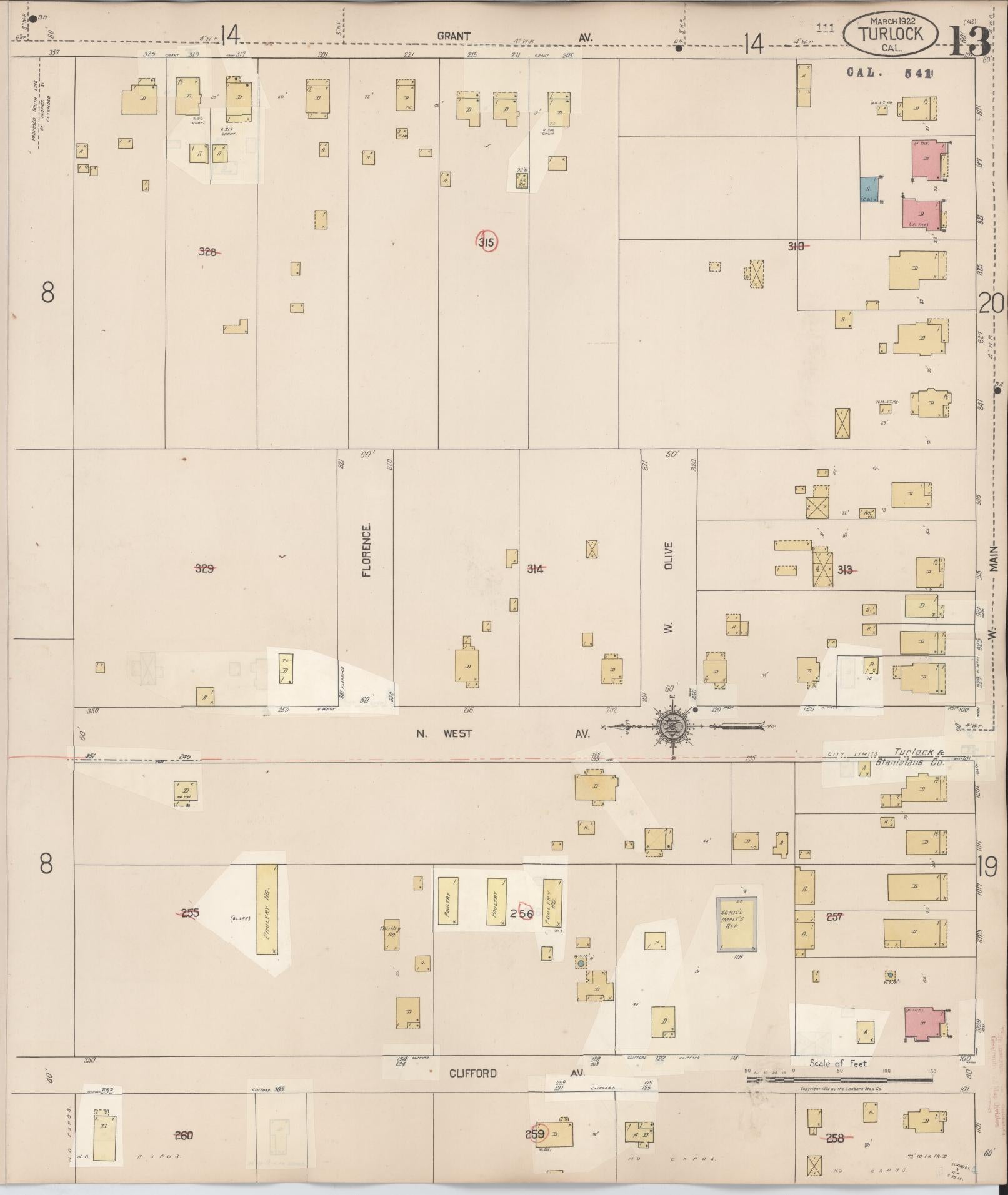 Sanborn Fire Insurance Map from Turlock, Stanislaus County, California (1943), Sheet #0013 - Complete Map Set gallery image, historic Sanborn map, vintage wall art, California California