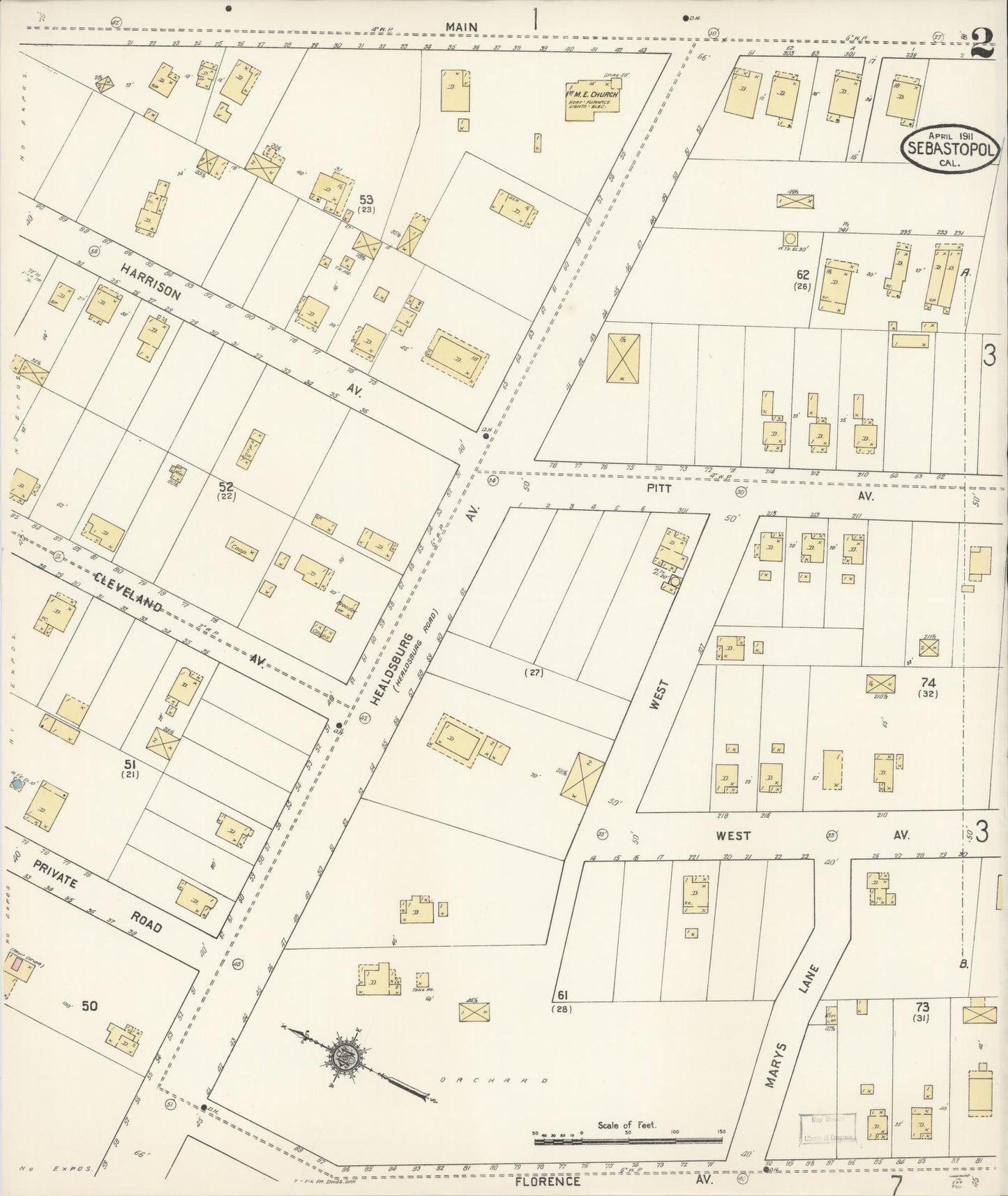 Sanborn Fire Insurance Map from Sebastopol, Sonoma County, California (1911), Sheet #0002 - Complete Map Set gallery image, historic Sanborn map, vintage wall art, California California
