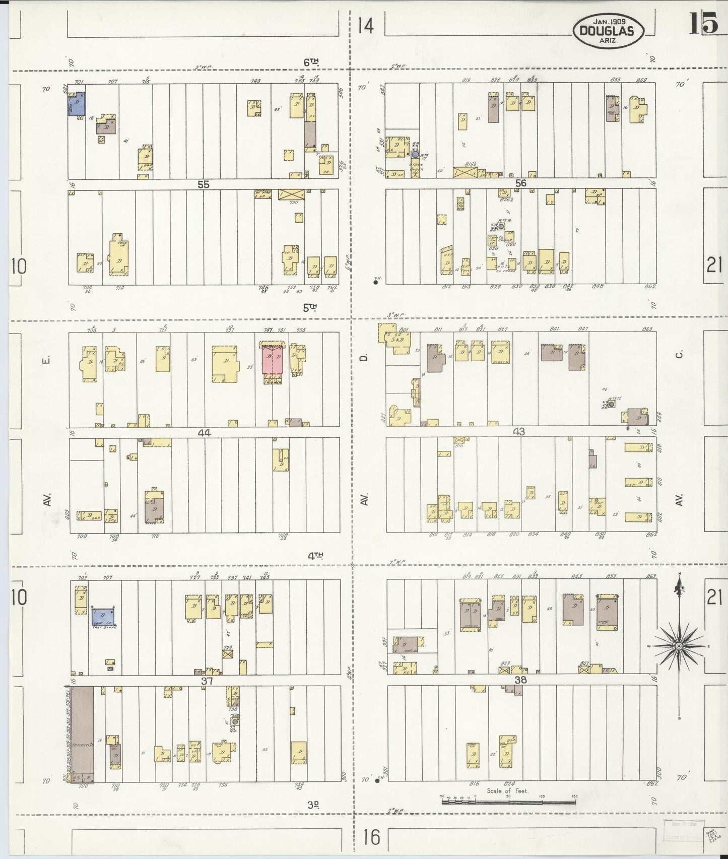 Sanborn Fire Insurance Map from Douglas, Cochise County, Arizona (1909), Sheet #0015 - Historic Sanborn Fire Insurance Map Print, vintage old map wall art, antique decor, genealogy gift, Arizona Arizona map