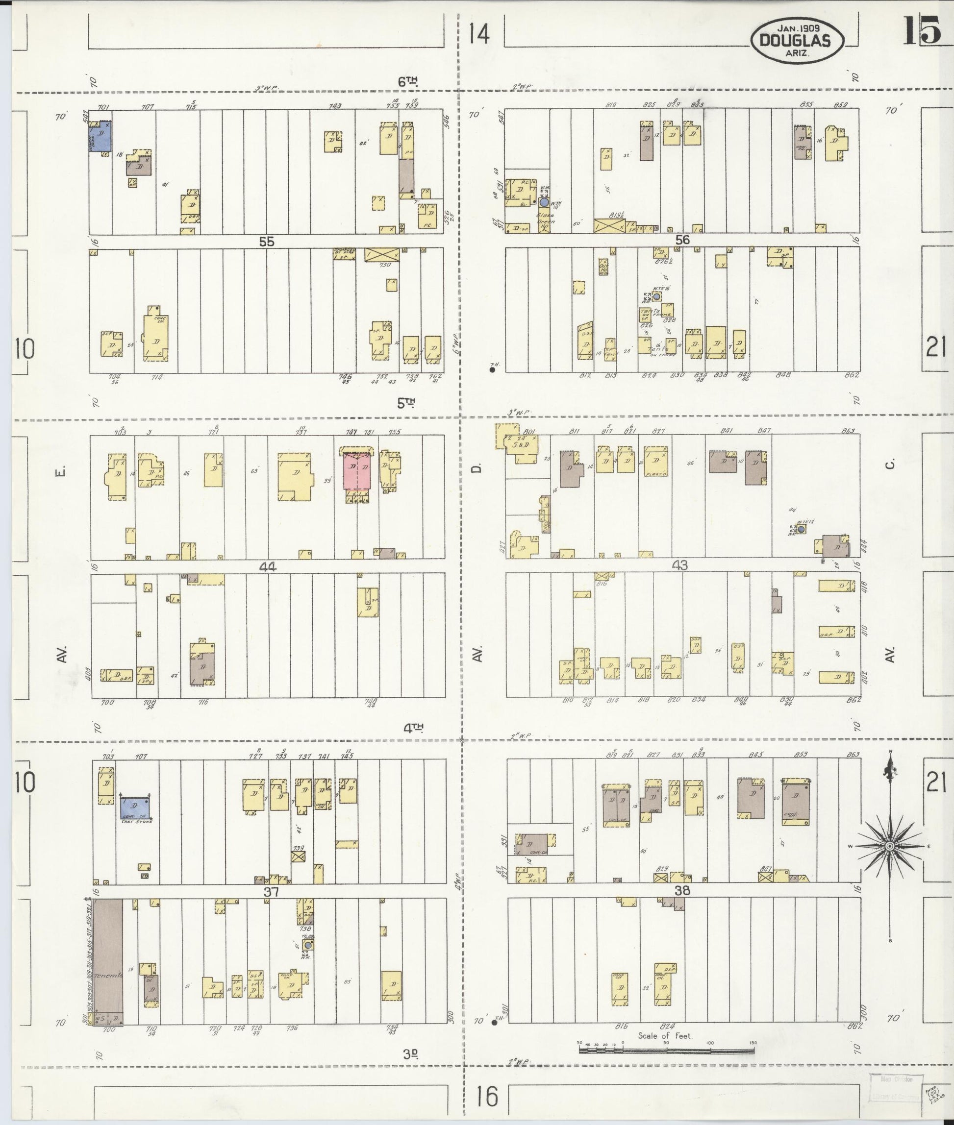 Sanborn Fire Insurance Map from Douglas, Cochise County, Arizona (1909), Sheet #0015 - Historic Sanborn Fire Insurance Map Print, vintage old map wall art, antique decor, genealogy gift, Arizona Arizona map