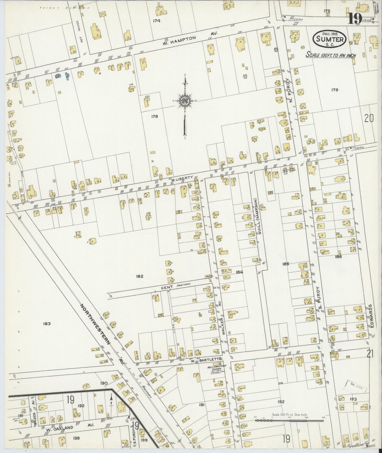 Sanborn Fire Insurance Map from Sumter, Sumter County, South Carolina (1915), Sheet #0019 - Historic Sanborn Fire Insurance Map Print, vintage old map wall art, antique decor, genealogy gift, South Carolina South Carolina map